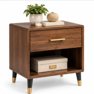 Modern Walnut Bedside Nightstand with Drawer and Open Shelf