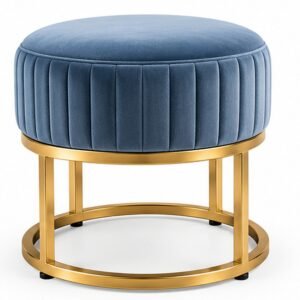 Modern Dusty Blue Upholstered Vanity Stool with Brass-Tone Legs